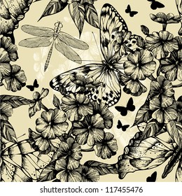 Seamless pattern with blooming phlox, butterflies and dragonflies. Vector illustration.
