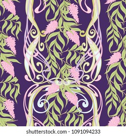 Seamless pattern with blooming pink acacia in art nouveau style on ultra violet background. Vector illustration