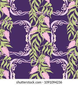 Seamless pattern with blooming pink acacia in art nouveau style on ultra violet background. Vector illustration