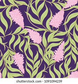Seamless pattern with blooming pink acacia in art nouveau style on ultra violet background. Vector illustration
