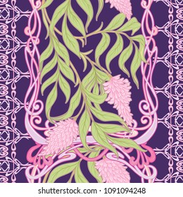 Seamless pattern with blooming pink acacia in art nouveau style on ultra violet background. Vector illustration
