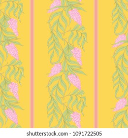 Seamless pattern with blooming pink acacia in art nouveau style on yellow background. Vector illustration