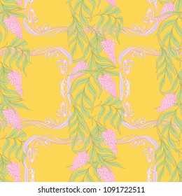 Seamless pattern with blooming pink acacia in art nouveau style on yellow background. Vector illustration