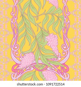 Seamless pattern with blooming pink acacia in art nouveau style on yellow background. Vector illustration