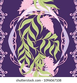 Seamless pattern with blooming pink acacia in art nouveau style on ultra violet background. Vector illustration