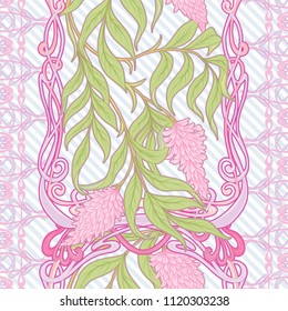 Seamless pattern with blooming pink acacia in art nouveau style.  Vector illustration. On blue and white diagonal stripes background.