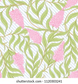 Seamless pattern with blooming pink acacia in art nouveau style.  Vector illustration. On blue and white diagonal stripes background.