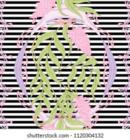 Seamless pattern with blooming pink acacia in art nouveau style.  Vector illustration On black-and-white stripes background