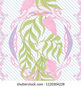 Seamless pattern with blooming pink acacia in art nouveau style.  Vector illustration. On blue and white diagonal stripes background.