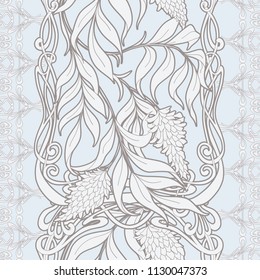 Seamless pattern with blooming pink acacia in art nouveau style.  Vector illustration  Colored and outline design  In vintage blue and beige colors.