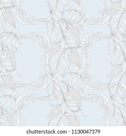 Seamless pattern with blooming pink acacia in art nouveau style.  Vector illustration  Colored and outline design  In vintage blue and beige colors.