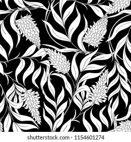 Seamless pattern with blooming pink acacia in art nouveau style.  Vector illustration Black-and-white graphics.