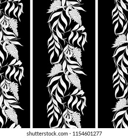 Seamless pattern with blooming pink acacia in art nouveau style.  Vector illustration Black-and-white graphics.