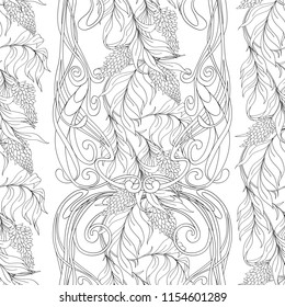 Seamless pattern with blooming pink acacia in art nouveau style.  Vector illustration. Outline hand drawing. Good for coloring page for the adult coloring book.