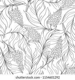 Seamless pattern with blooming pink acacia in art nouveau style.  Vector illustration. Outline hand drawing. Good for coloring page for the adult coloring book.