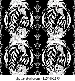 Seamless pattern with blooming pink acacia in art nouveau style.  Vector illustration Black-and-white graphics.