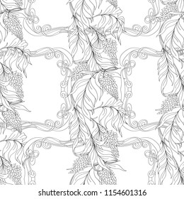 Seamless pattern with blooming pink acacia in art nouveau style.  Vector illustration. Outline hand drawing. Good for coloring page for the adult coloring book.