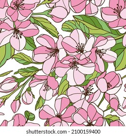 Patrón sin foco de manzana rosa que florece. Fondo vectorial floral