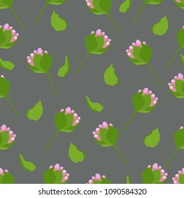 Seamless pattern from blooming pink exotic plants on a gray background