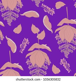 Seamless pattern from blooming pink plants on a violet background