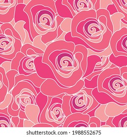 seamless pattern of blooming pink roses. different shades of pink with a white outline. line drawing on a floral theme, floral background. stock vector illustration. EPS 10.