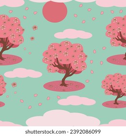 Seamless pattern of blooming pink sakura tree, sun, clouds and petals. Fairytale turquoise background, vector cartoon illustration for wallpaper, packaging, textile