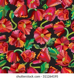 Seamless pattern with blooming poppies and buds and leaves on a dark background