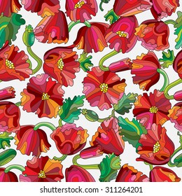 Seamless pattern with blooming poppies and buds and leaves on a light background