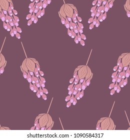 Seamless pattern from blooming purple exotic plants on a lilac background