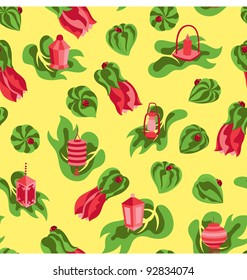 A seamless pattern of blooming red flower with variety of lantern type and lady bug.