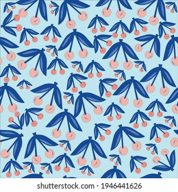 Seamless pattern of blooming red and pink cherries. Vector illustration of blue background 