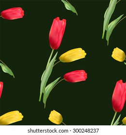Seamless pattern with blooming red and yellow tulips on a dark background. Vector illustration