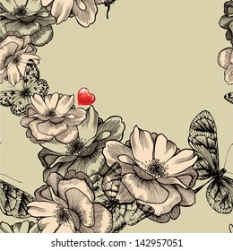Seamless pattern with blooming roses, butterflies and red hearts. Vector illustration.