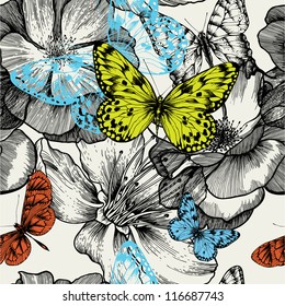 Seamless pattern with blooming roses and flying butterflies, hand drawing. Vector illustration.