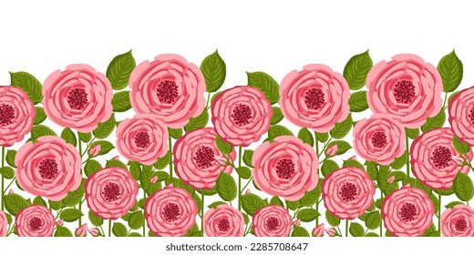 Seamless pattern with blooming roses. Vector floral illustration for postcard, poster, fabric, wrapping paper, decor etc. Flowers for spring and summer holidays.