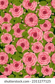 Seamless pattern with blooming roses. Vector floral illustration for postcard, poster, fabric, wrapping paper, decor etc. Flowers for spring and summer holidays.