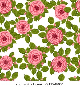 Seamless pattern with blooming roses. Vector floral illustration for postcard, poster, fabric, wrapping paper, decor etc. Flowers for spring and summer holidays.