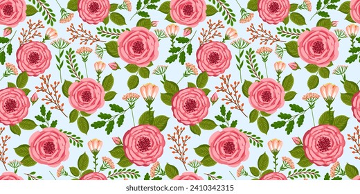 Seamless pattern with blooming roses. Vector floral illustration for postcard, poster, fabric, wrapping paper, decor etc. Flowers for spring and summer holidays.