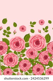 Seamless pattern with blooming roses. Vector floral illustration for postcard, poster, fabric, wrapping paper, decor etc. Flowers for spring and summer holidays. Festive template can add text.