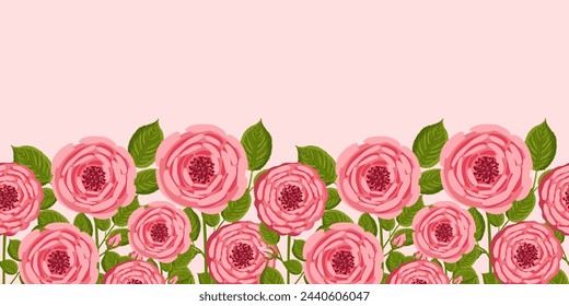 Seamless pattern with blooming roses. Vector floral illustration for postcard, poster, fabric, wrapping paper, decor etc. Flowers for spring and summer holidays.