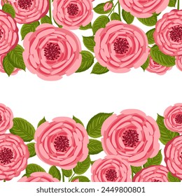 Seamless pattern with blooming roses. Vector floral illustration for postcard, poster, fabric, wrapping paper, decor etc. Flowers for spring and summer holidays. Festive template can add text.
