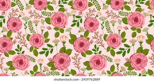 Seamless pattern with blooming roses. Vector floral illustration for postcard, poster, fabric, wrapping paper, decor etc. Flowers for spring and summer holidays.