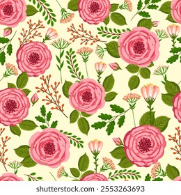 Seamless pattern with blooming roses. Vector floral illustration for postcard, poster, fabric, wrapping paper, decor etc. Flowers for spring and summer holidays.