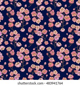 Seamless pattern with blooming sakura. Abstract floral background with hand drawn cherry flowers. Oriental textile collection. Pink, red, golden on dark blue.