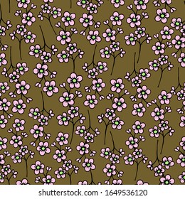 Seamless pattern with blooming sakura branch on a brown background. Design for printing on paper and fabric.