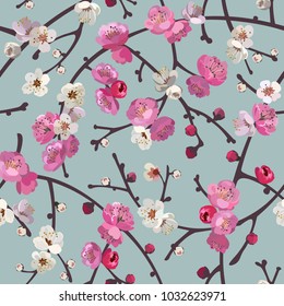   Seamless pattern with blooming sakura branches. Cherry blossoms floral vector background