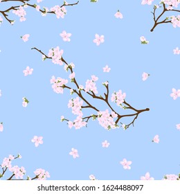 Seamless pattern with blooming sakura branches on blue pastel background, Vector illustration of pink Cherry blossom.