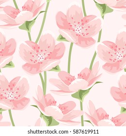 Seamless pattern of blooming spring sakura magnolia cherry blossom flowers. Pink petals, green leaves and stem on light pink background. Detailed floral vector design illustration for decor packaging.