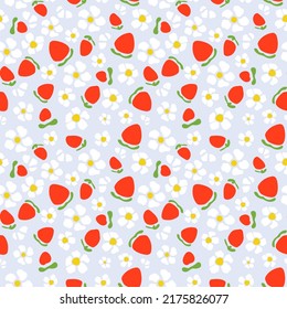 Seamless pattern of blooming strawberries and its berries. Romantic vintage pattern on a blue background for textile, fabric, decorative paper.