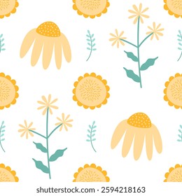 Seamless pattern of blooming summer flowers in yellow color. Vector illustration of endlessly repeating ornament.